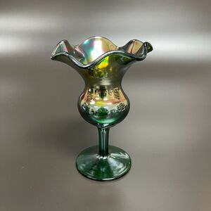 Dugan Glass Green Multicolor Compote Vase Ruffle Tulip‎ 6 3/8" High